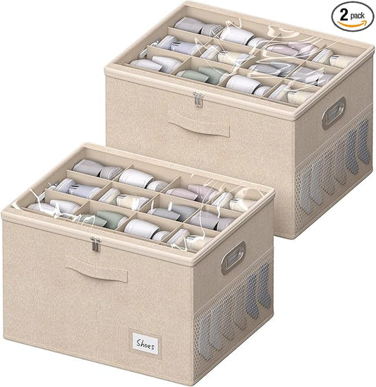 2 Pack Shoe Organizer for Closet Large Shoe Box Storage Containers with Clear Window Space Saving Shoe Bin with Foldable Bottom Support Adjustable Dividers Fits 32 Pairs (Beige, (19.7x15.7x13inch)x2)-NeatNest