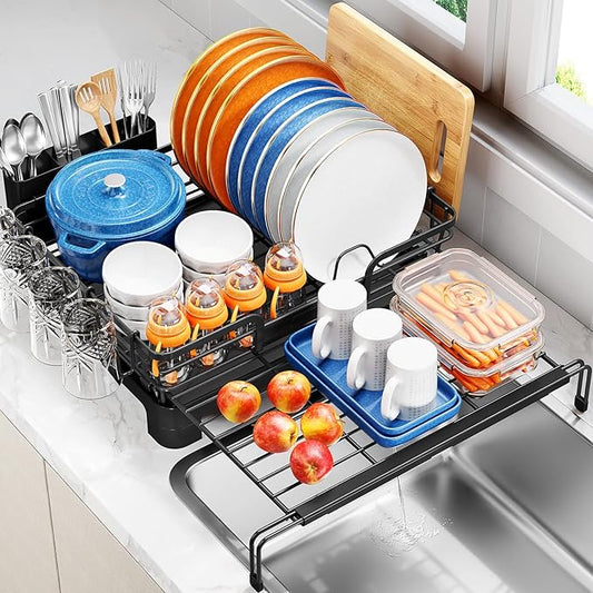 TOOLF Extendable Dish Drying Rack, 2 in 1 Multifunction Dish Rack for Kitchen Counter, Expandable Dish Drainer Over Sink, Large Plate Strainer with Drainboard & Cups Holder, Black