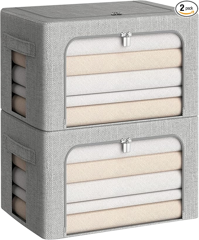 Clothes Storage Bins Box - Linen Fabric Foldable Stackable Container Organizer Set with Clear Window & Carry Handles & Metal Frame (Light Grey, Medium-36L)-NeatNest