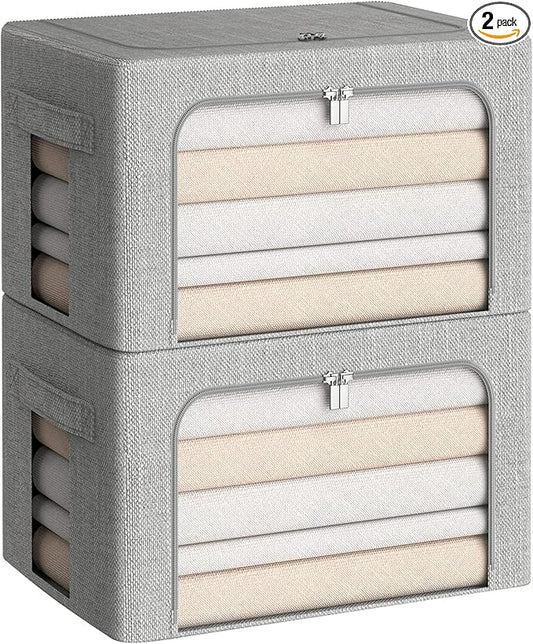 Clothes Storage Bins Box - Linen Fabric Foldable Stackable Container Organizer Set with Clear Window & Carry Handles & Metal Frame (Light Grey, Medium-36L)-NeatNest