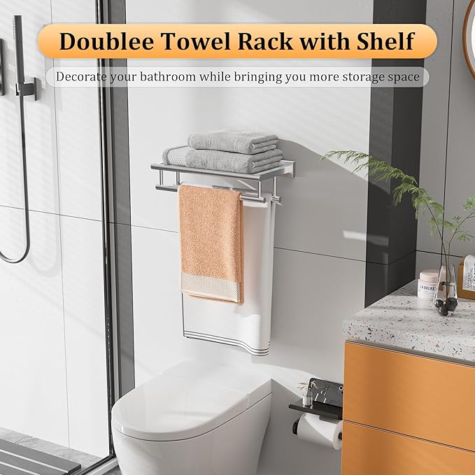 Alise Towel Rack,Towel Holder Towel Shelf with Double Towel Bars for Bathroom Lavatory,SUS 304 Stainless Steel Wall Mount Towel Hanger Storage,16 Inch Brushed Nickel,GZ8040-LS