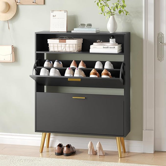 Entryway Shoe Cabinet, Black Shoe Storage Cabinet with 2 Flip Doors and Shelf, Narrow Hidden Shoe Organizer Cabinet Slim, Freestanding Shoe Rack for Entryway, Black-NeatNest