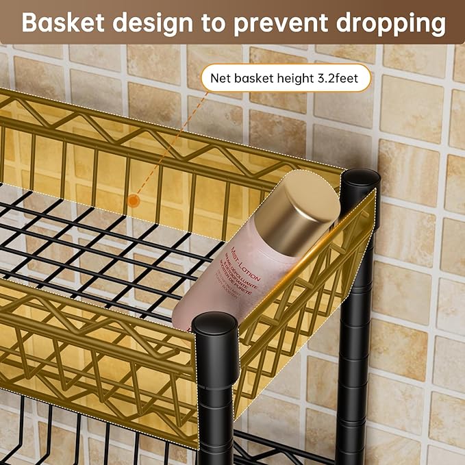 3-Tier Over-The-Toilet Storage Shelf,Heavy-Duty Adjustable Bathroom Rack with 2 Mesh Baskets,Toilet Paper Holder & Hooks,Space-Saving Organizer for Bathroom,10”D x 24”W x 66”H,Black