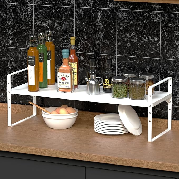 Expandable Kitchen Cabinet Shelf Organizers, Stackable Metal Pantry Storage Shelves Rack, Adjustable Counter Spice Shelf for Cabinets, Countertop, Cupboard Organizers and Storage, White-NeatNest