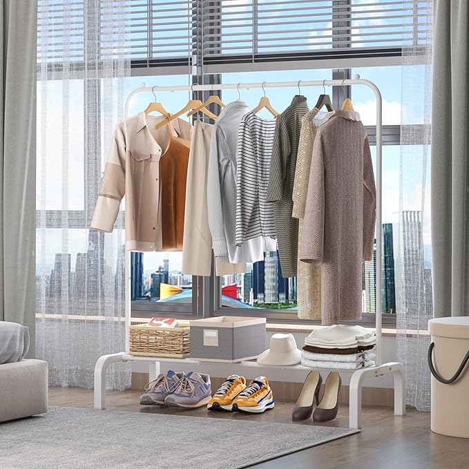 Clothes Rack Metal Clothing Rack with Bottom Shelf Garment Rack for Hanging Clothes Shirts Jeans and Coats White-NeatNest