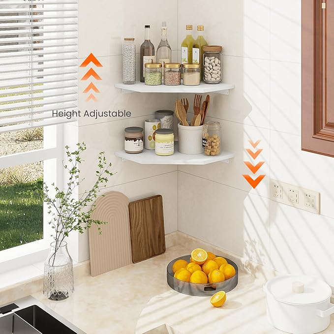 Homode Corner Shelf Wall Mount, Set of 2 Corner Floating Shelves with Cord Hole for Speaker, Cable Box, 2 Tier Wood Hanging Storage Shelf for Bathroom Living Room Bedroom, White-NeatNest