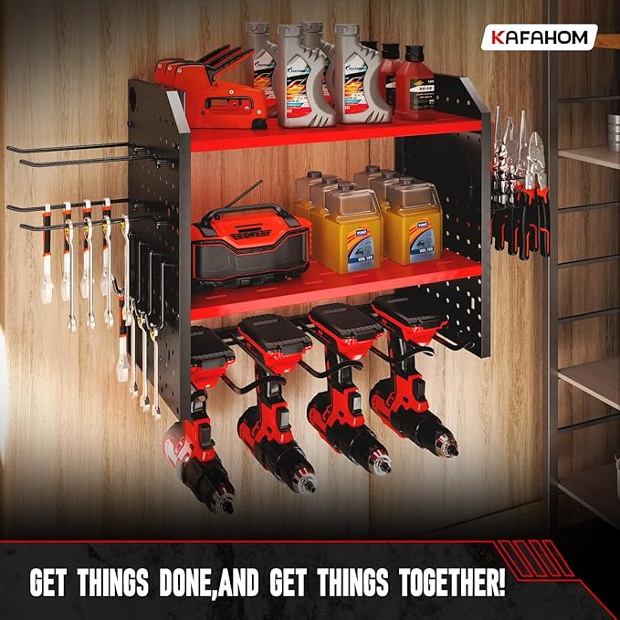 KAFAHOM Power Tool Organizer for Tool Storage, Drill Holder Wall Mount With 2 Side Pegboards, Metal Tool Shelf with 12 Hooks, Tool Organizers Storage Rack, Utility Cordless Drill Rack Red