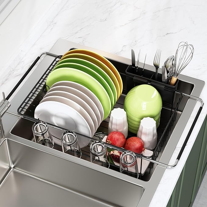 romision Dish Drying Rack in Sink, Black Dish Drying Rack Over Sink, Stainless Steel Black Dish Strainers for Kitchen Sink with Utensil & Cup Holder