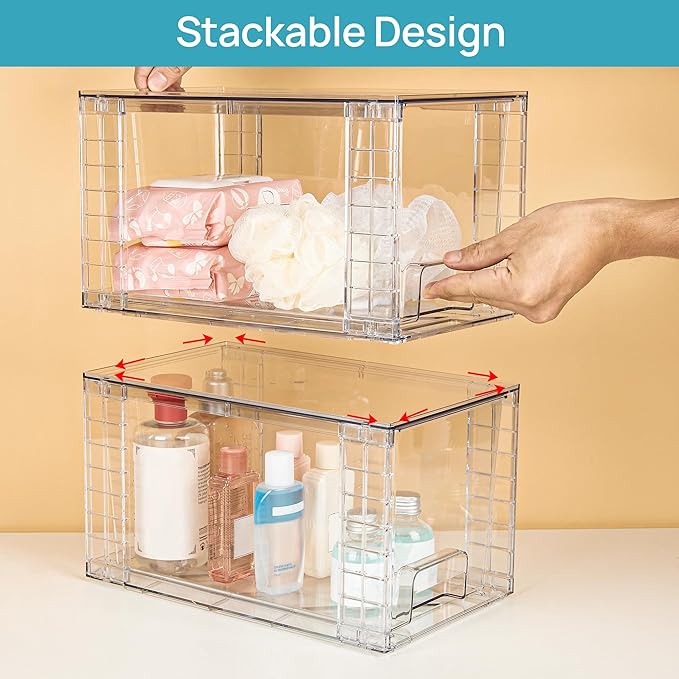 Vtopmart 2 Pack Large Stackable Storage Drawers,Clear Acrylic Drawer Organizers with Handles, Easily Assemble for Bathroom,Kitchen Undersink,Cabinet,Closet,Makeup,Pantry organization and Storage-NeatNest