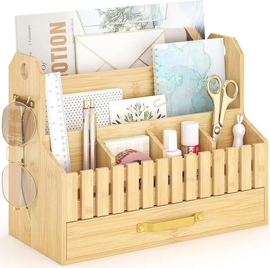 Bamboo Mail Organizer Countertop with Drawers, Wood Desk File Organizer Desktop Paper Organization Storage Bill & Letter Sorter Holder for School Home Office Supplies, No Assembly Required (Nature)-NeatNest