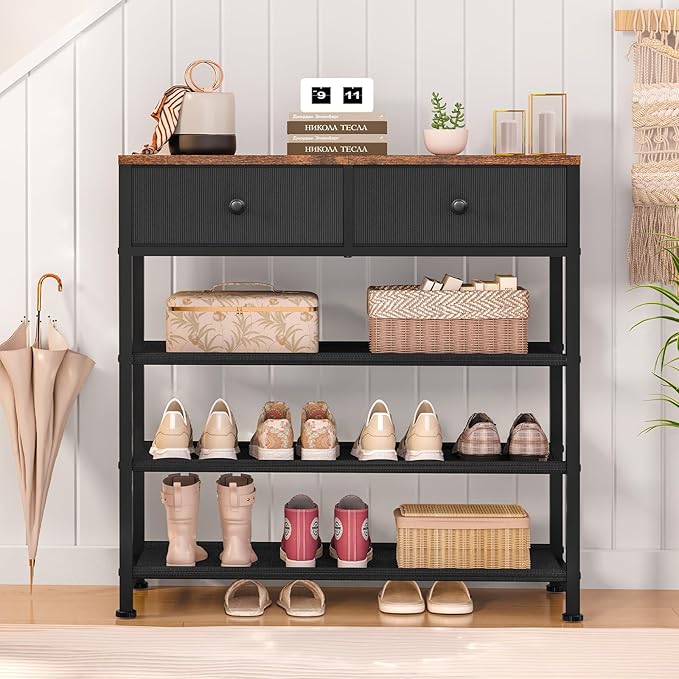 Usikey 4 Tier Shoe Rack With 2 Drawers, Metal Shelf for 9-12 Pairs, 3 Fabric Shelves and Wooden Top, Storage Organizer Stand for Closet Entryway, Black-NeatNest
