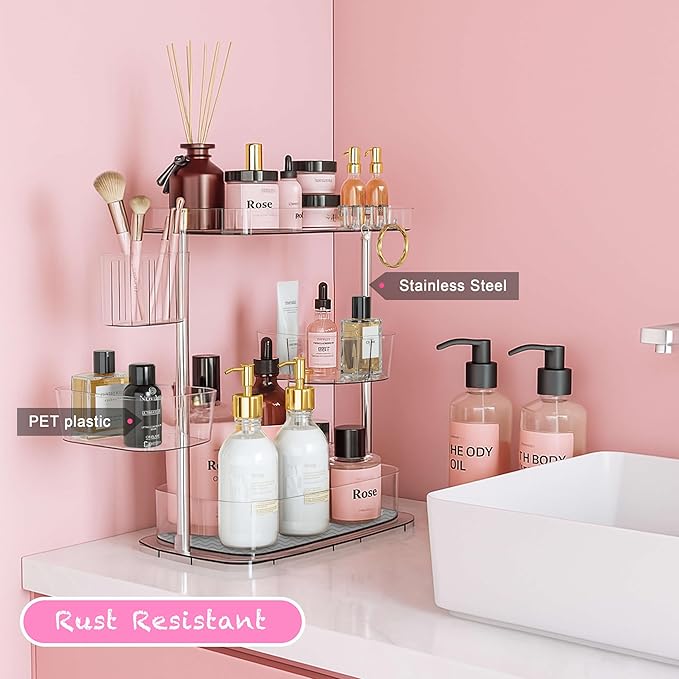 3 Tier Bathroom Organizer Countertop Rotating Makeup Tray Counter Storage Vanity and Skincare Shelves Clear