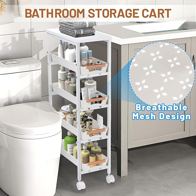 Slim Storage Cart, 5-Tier Narrow Rolling Kitchen Laundry Room Cart with Drawer and Wheels, Metal Utility Cart Slide Out Organizer for Small Spaces (White)