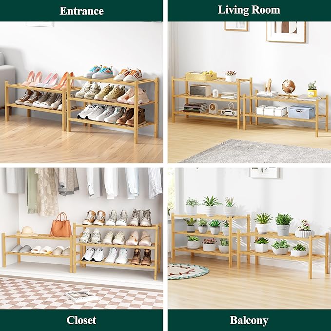 Smiry Bamboo Shoe Rack for Closet, 4 Tier Wooden Stackable Shoe Organizer, Free Standing Shoes Storage Shelf for Entryway, Front Door Entrance, Natural-NeatNest