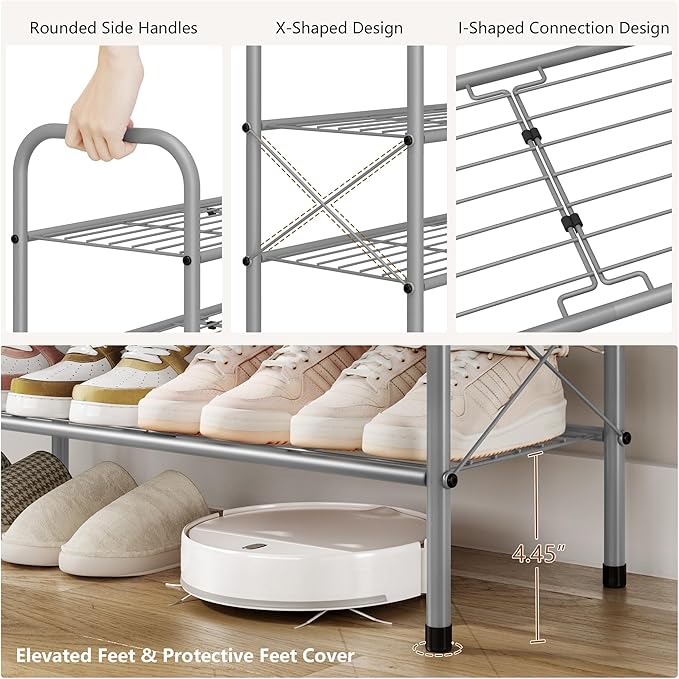 Hoctieon 2 Tier Shoe Rack for Closet, Durable Mesh Style Shoe Rack, Entryway Shoe Shelf, Shoe Storage Organizer for Hallway, Bedroom, Living Room, Wardrobe, Grey-NeatNest