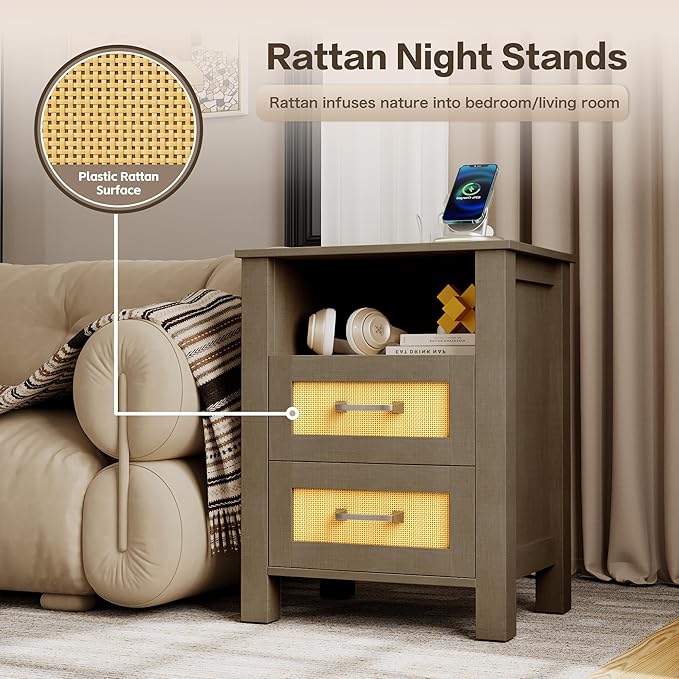 JUMMICO 26.18" End Table with Charging Station and Rattan Drawers, Farmhouse Nighstand, Wooden Storage Bedside Table, Living Room, Bedroom(2, Vintage Gray)