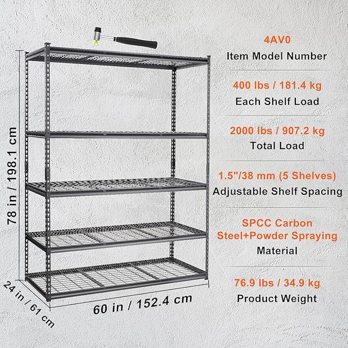Garage Shelving, 5 Tire Storage Shelving Heavy Duty Garage Shelves 3000LBS Load Bearing, Full Metal Shelving Units, Durable Construction, Adjustable Shelves, Easy Assembly, 60''W x 24''D x 78''H-NeatNest
