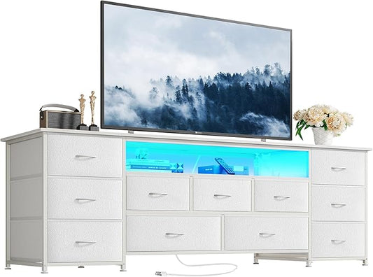 Huuger 63 Inch TV Stand for 65, 70 Inch TV, 11 Drawer Long Dresser with Power Outlets and LED Lights, Entertainment Center with Storage, White Dresser with PU Leather Surface