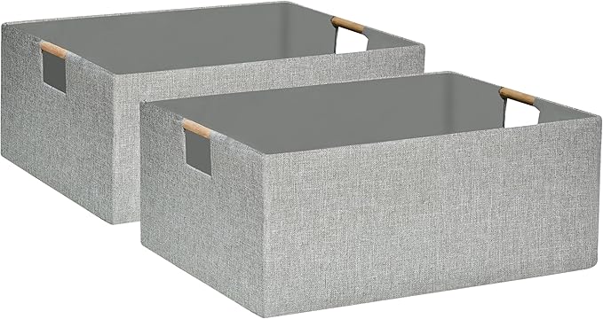 Collapsible Storage Box for Women - Foldable Home Organizer 16.9x12.5x7Inches with Wooden Handles | Closet, Bathroom & Kids Room Storage | Heavy-Duty Linen Fabric 2Pack-NeatNest