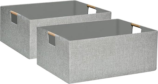 Collapsible Storage Box for Women - Foldable Home Organizer 16.9x12.5x7Inches with Wooden Handles | Closet, Bathroom & Kids Room Storage | Heavy-Duty Linen Fabric 2Pack-NeatNest