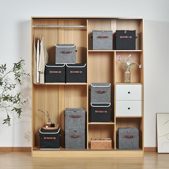 2PCS Storage Cubes with Lid Fabric Storage Bins Boxes PU Leather Handles Cotton Linen Closet Organizer Container Decorative Foldable Washable Shelf Cloth Basket (Flip-top Lid, Gray, 11in)-NeatNest