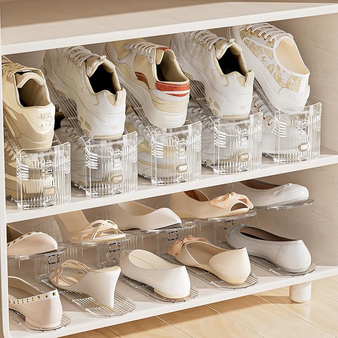 Neprock Shoe Slots Organizer for Closet,12 Pack Acrylic Shoe Rack Storage Shoe Stackers for A Pair of Shoes, Adjustable Doulbe Deck Shoe Holder Space Saver for Closet Organization(Clear,12 Pack)-NeatNest