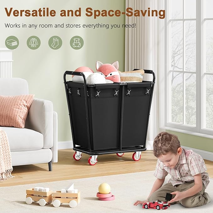 Hoctieon 2 Section Laundry Sorter Cart, 300L Rolling Hamper with Wheels, Industrial Laundry Basket Organizer, Large Dirty Clothes Hamper for Home & Hotel, Heavy Duty, Black-NeatNest