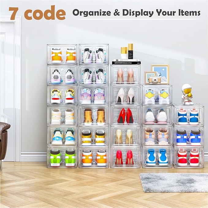12 Pack Clear Shoe Storage Organizer with Magnetic Door,Stackable Plastic Shoe Boxes for Sneakers,Boots,and Heels,Space-Saving Foldable Shoe Rack for Closet,Durable Shoe Cabinet Organizer,White-NeatNest