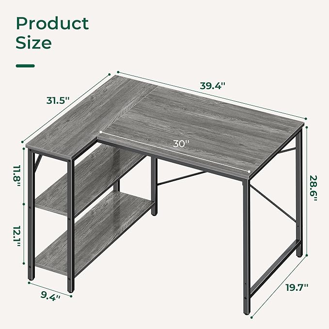 Huuger L Shaped Desk, 39 Inches Computer Desk with Reversible Storage Shelves, for Gaming Corner Home Office Writing Study, Metal Frame, Gray-NeatNest