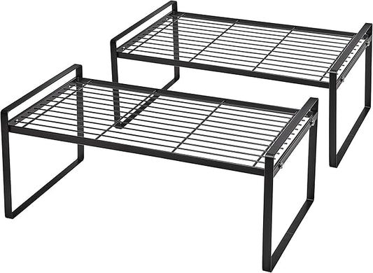 2Pack Cabinet Shelf Organizer Storage Rack Space Saving for Kitchen Counter Pantry Bathroom Cupboard Under Sink Office Table Desk Steel Stackable Rust Resistant Heavy Duty Nonslip 16” Black-NeatNest