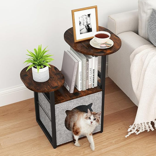 End Table, Cat Bed Table, Small Bedside Table with Removable Cat Condo, Flip Top Side Table with 3-Tiered Storage Shelves, Round Side Table, for Living Room, Bedroom, Rustic Brown and Classic Black