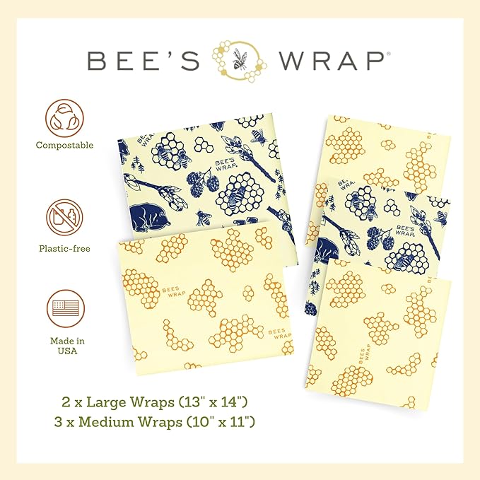 Bee's Wrap Beeswax Wraps for Food - Honeycomb & Bees + Bears Assorted 5 Pack (2L, 3M) Made in USA Reusable & Organic Food Wraps & Bowl Covers - Eco-Friendly Alternative to Aluminum Foil & Plastic Wrap-NeatNest