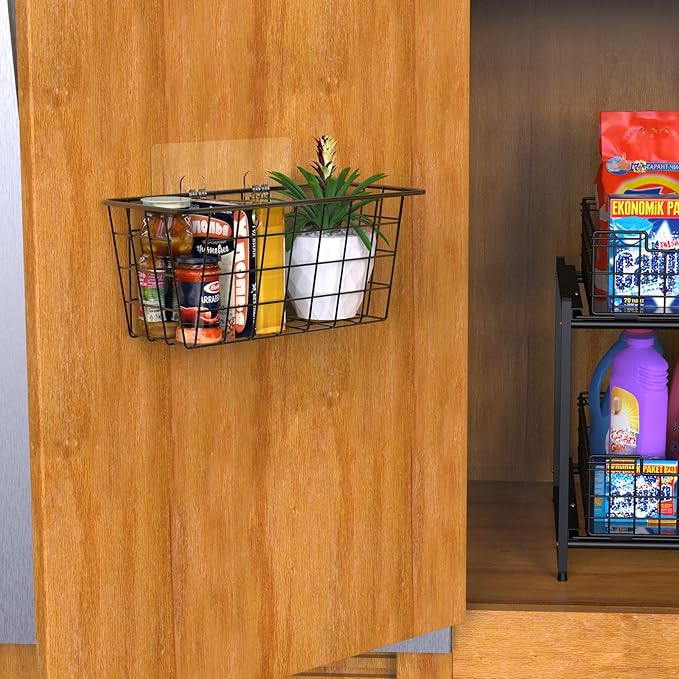 MaraFansie Over the Cabinet Door Organizer Wall Wire Baskets Hanging Kitchen Basket Shelf for Cabinet & Pantry Organization and Kitchen, Bathroom, Bedroom Storage, with Adhesive, Black, 3 Pack-NeatNest