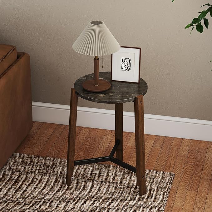 CIMOTA Round Side Table, 22.5" End Accent Table with Solid Wood Leg, Black Marble Texture Tabletop, Metal Beam, Round Nightstand for Small Spaces/Living Room/Bedroom, Black-NeatNest