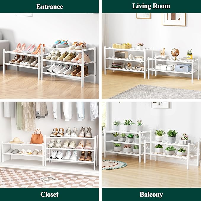 Smiry Bamboo Shoe Rack for Closet, 5 Tier Wooden Stackable Shoe Organizer, Free Standing Shoes Storage Shelf for Entryway, Front Door Entrance, White-NeatNest