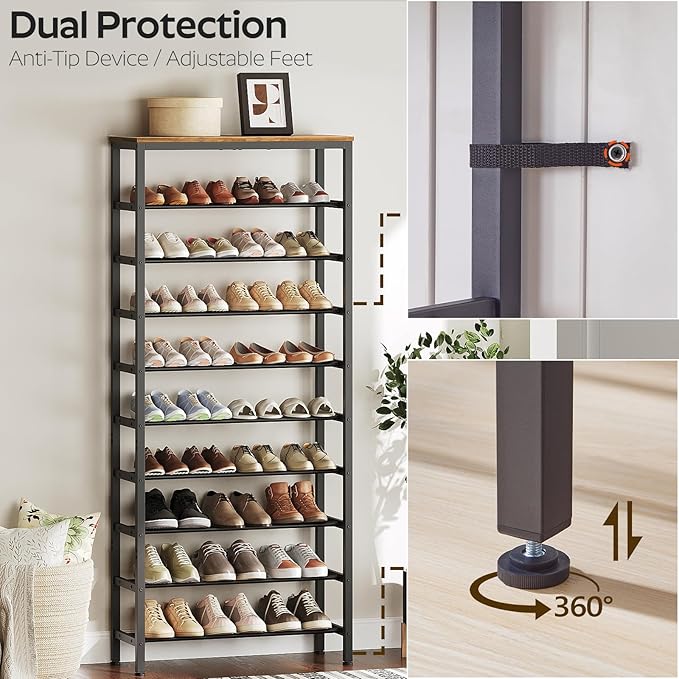 10 Tier Tall Shoe Rack, Large-Capacity Shoe Storage Organizer, Free Standing Shoe Shelf for Closet, Adjustable Metal Shoe Racks Organizer for 40 Pairs of Shoes, Rustic Brown and Black SS70BR-NeatNest