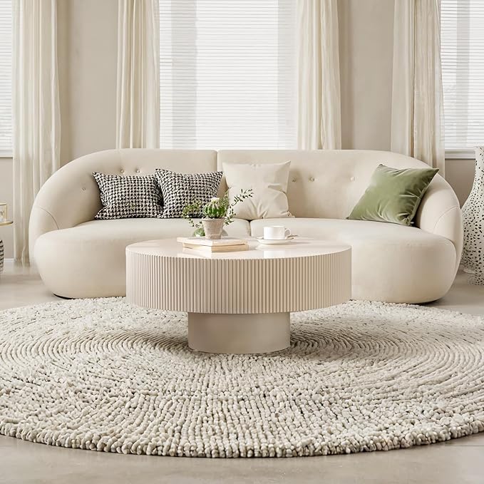 Fluted Coffee Tables 30.91" Round Wood Coffee Table Modern Handcraft Drum Coffee Table with Sturdy Pedestal Circle Luxury Center Tables for Living Room Home Office,White Thickened
