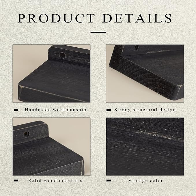 Freezing point Small Floating Shelf for Wall Set of 2 Natural Wood 4Inch Mini Wall Shelves Decor Plant Display Collectibles Mounted Kitchen Bathroom Bedroom Corner Decorative Storage Tiny Stand Black-NeatNest