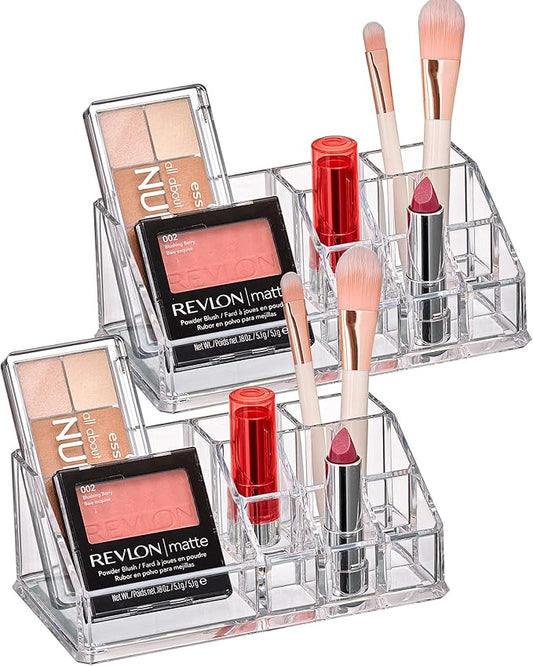 Amazing Abby - Tiffany - 2-Pack Acrylic Cosmetic Organizer, Transparent Plastic Makeup Holder, Compartmented, Shatter-Proof, Perfect Bathroom Vanity Storage Solution for Beauty Supply, Small-NeatNest