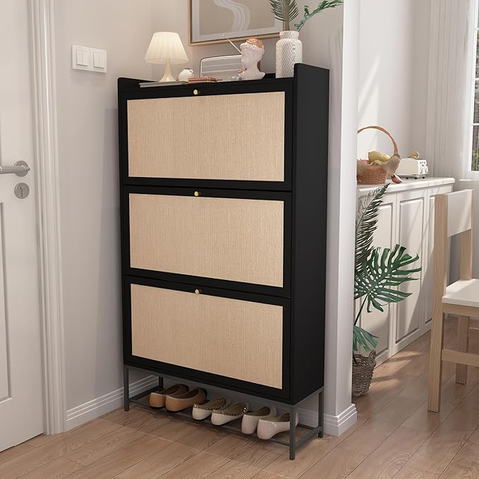 AVZEAR Shoe Cabinet, Shoe Cabinet Freestanding Tipping Bucket Shoe Rack Organizer with 3 Flip Drawers, Modern Entryway Narrow Shoe Rack for Entryway, Hallway, Bedroom (Black)-NeatNest