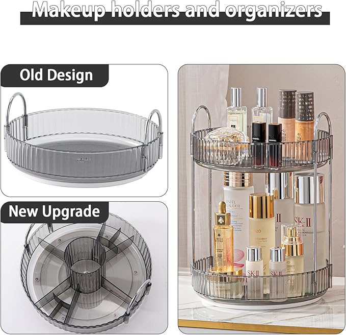 Rotating Makeup Organizer for Vanity, High-Capacity Skincare Clear Make Up Storage Perfume Organizers Cosmetic Dresser Organizer Countertop 360 Spinning (Gray, New-2 Tier)-NeatNest