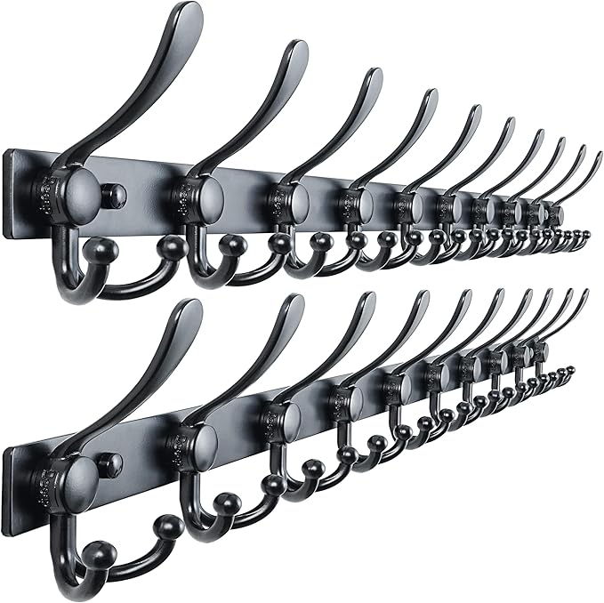 Dseap MaxStrong 2.0 Coat Rack Wall - 37” Long 10 Tri Hooks - Ultra Heavy-Duty Stainless Steel Wall Mount Coat Hanger, Hook Rail for Clothes Hats Jacket Towels Black, Pack of 2