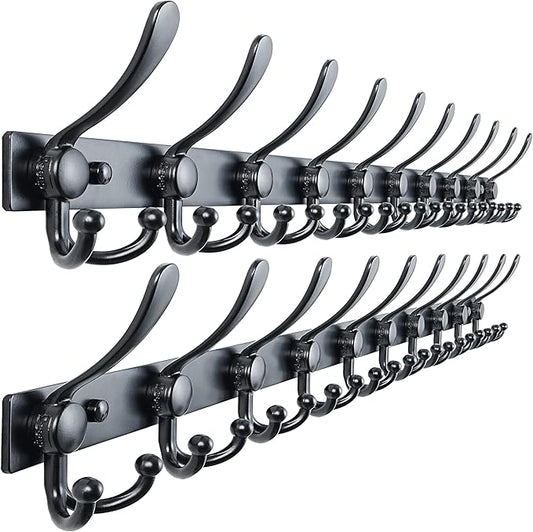 Dseap MaxStrong 2.0 Coat Rack Wall - 37” Long 10 Tri Hooks - Ultra Heavy-Duty Stainless Steel Wall Mount Coat Hanger, Hook Rail for Clothes Hats Jacket Towels Black, Pack of 2