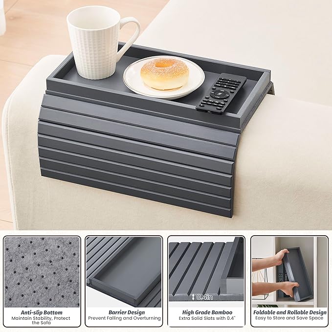 GEHE Bamboo Sofa Arm Tray, Foldable Couch Arm Tray Side Table, Anti-Falling Armrest Tables Cup Holder for Snacks, Drinks, Beers, Phone, Control, Flexible and Portable, Anti-Slip Bottom-NeatNest