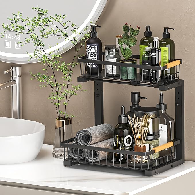 Under Sink Organizer Storage 1 pack, 2 Tier Slide Out Height Adjustable Pull Out Cabinet Organizer Drawers, Kitchen Bathroom Large Capacity Metal Under Sink Rack Caddy Basket Shelves, Black-NeatNest