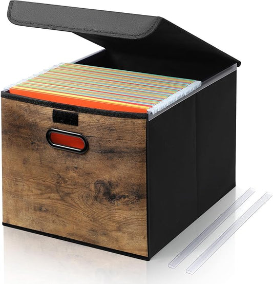 File Organizer Box with Wood Grain Pattern, Hanging Collapsible File Storage Bins with Lid Plastic Slides, Teacher Essentials for Back to School Classroom School Keepsake Organizer, Rustic Brown
