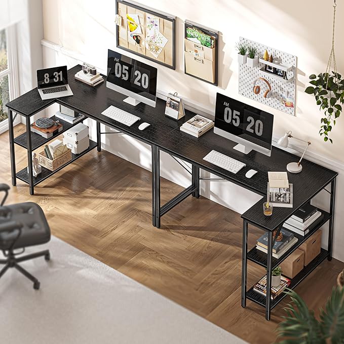 Huuger L Shaped Desk, 47 Inches Computer Desk with Reversible Storage Shelves, Gaming Corner Home Office Writing Study with Metal Frame, Black-NeatNest