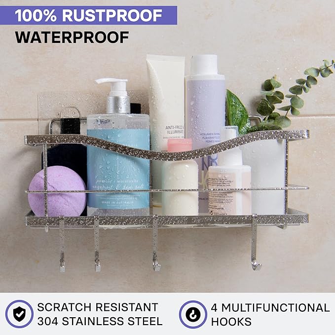KINCMAX Premium Shower Caddy - Adhesive Bathroom Shower Organizer and Storage w/ 4 Hooks, No Drill Shower Shelves for Inside Shower, Rustproof Stainless Steel Shower Rack, Accessories Holder, Silver