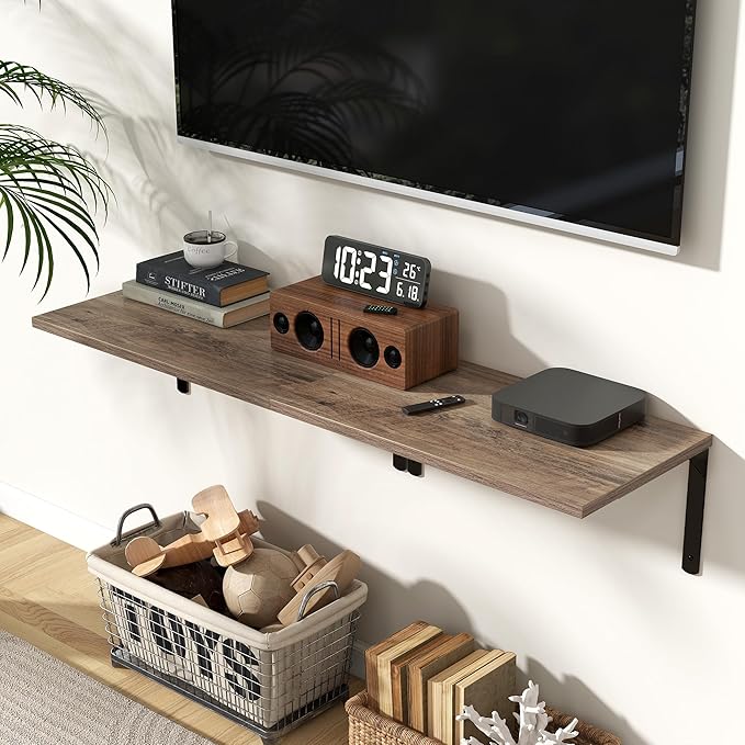 Fun Memories Floating Shelves for Wall, 12 Inch Deep Floating Shelves Set of 2, Wall Mounted Shelf with Metal Brackets, Rustic Wood Wide Shelf for Bathroom, Kitchen and Living Room, Grey, 24W x 12D-NeatNest