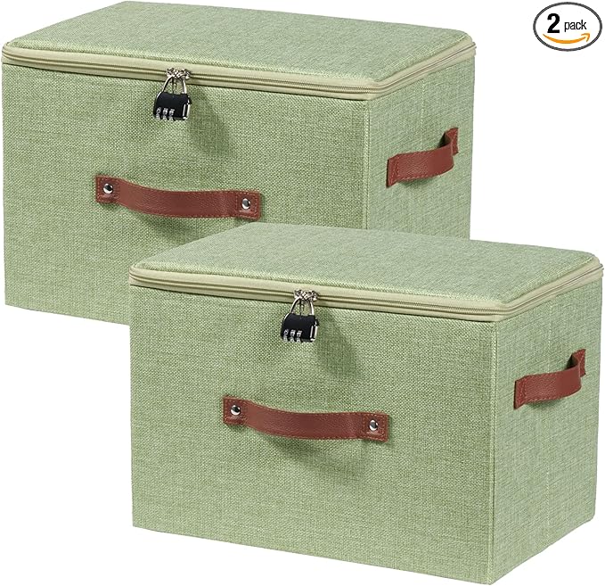2PCS Storage Bins Box with Zipper Lid Combination Lock PU Leather Handles Cotton Linen Fabric Lidded Lockable Basket Foldable Washable Closet Shelf Organizer Container (Light Green, Large)